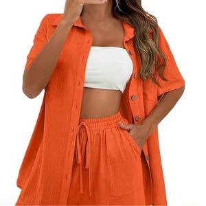 TK002: Vibrant Orange Button-Up Shirt and Shorts Set